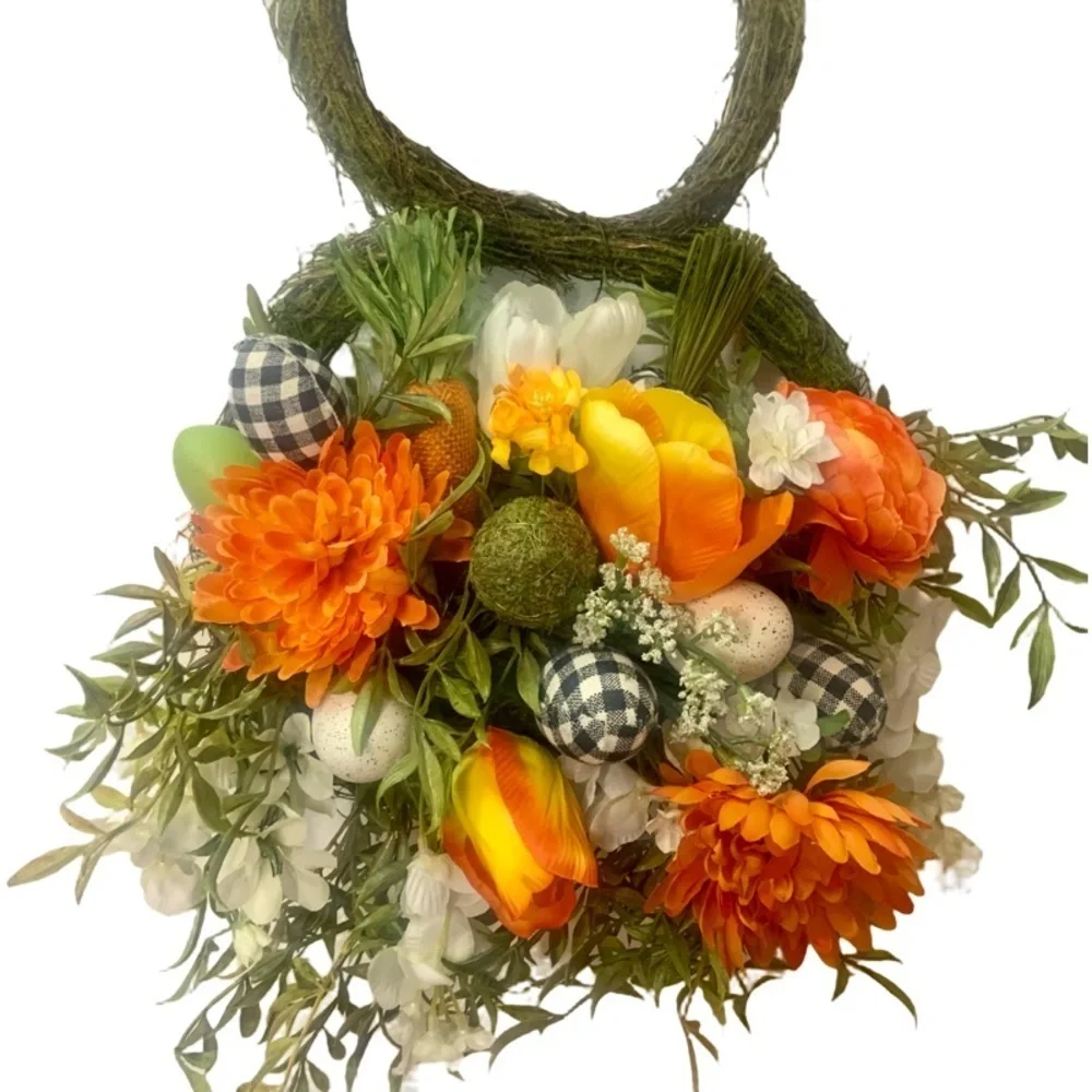 Easter Bunny Shaped Moss Floral Spring Orange Wreath Farmhouse Black White Plaid